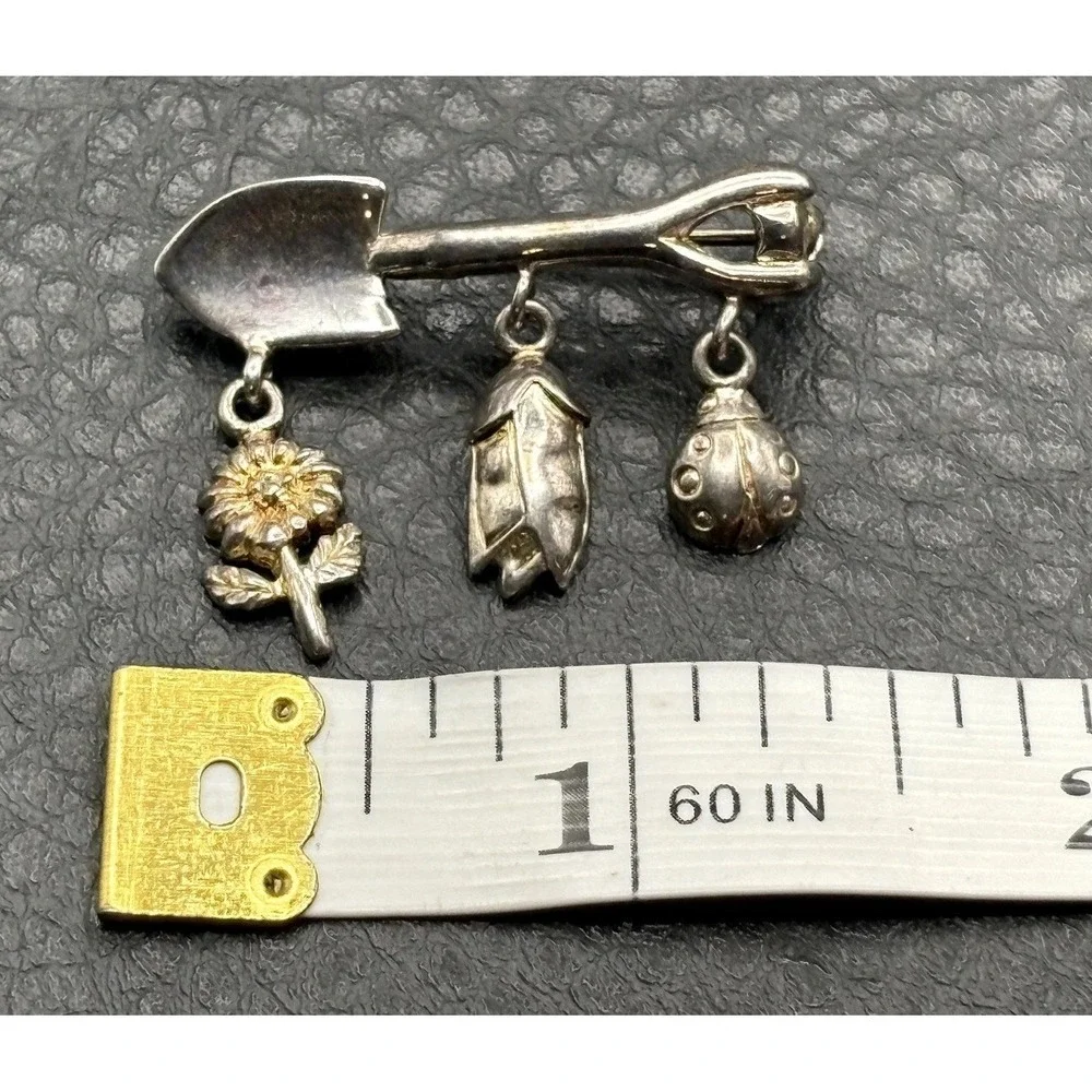VTG Sterling Silver Garden Tool LADYBUG SHOVEL Sunflower Dangle Charm Brooch